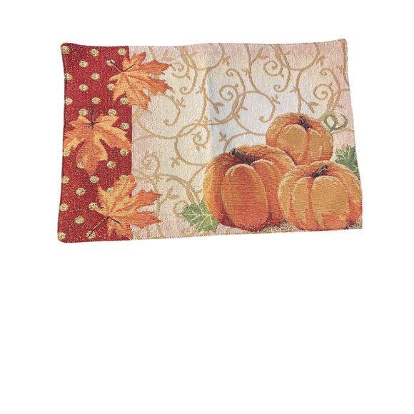 Set of 2 Pumpkin Placemats Gold Metallic Fall Thanksgiving 19" x 13" Lined Back - Picture 2 of 7